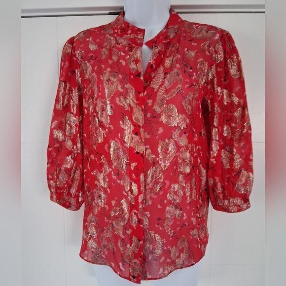 Ba&sh/ Tanama Printed Silk Blend Blouse/ Red and Metallic Gold/ Size US XS - Picture 3 of 15